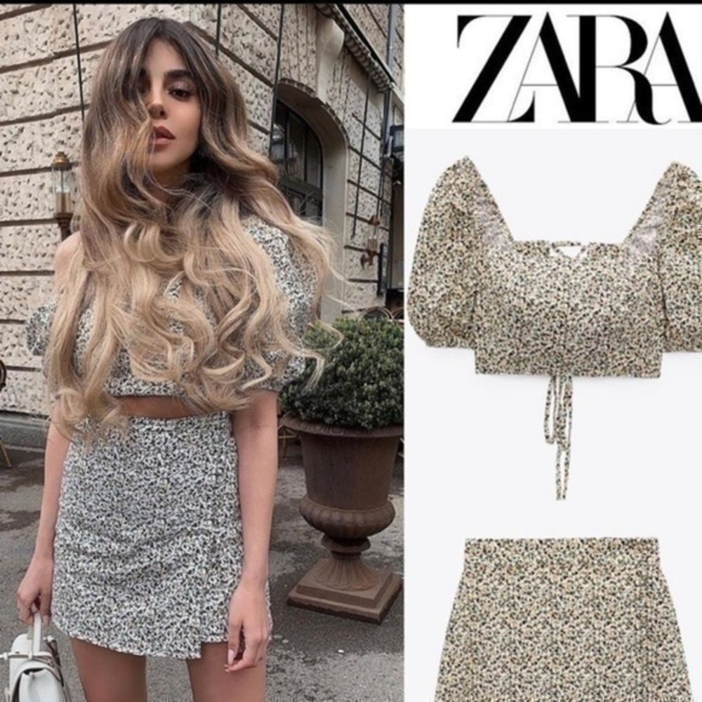 ZARA printed linen blend blouse tie back 8372/097